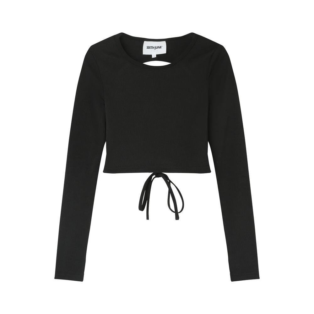 SIXTH JUNE Long Sleeve Open Back Ribbed Crop Top Women’s Size S Black NWT